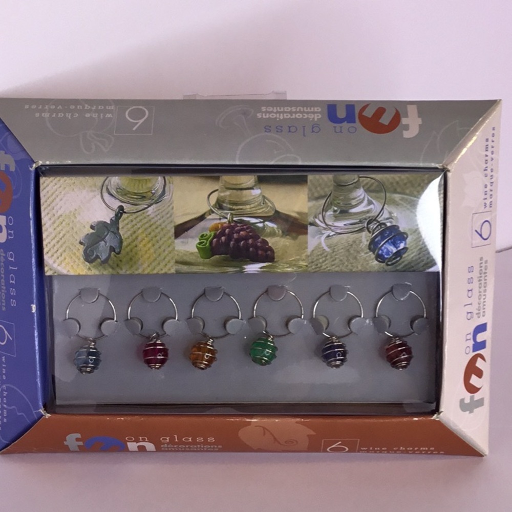 NIB Fun on Glass 6 Wine Multi Colored Glass Charms